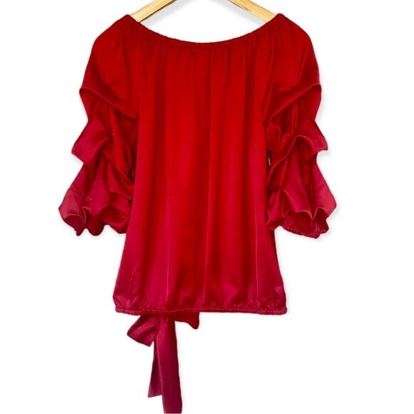 Prelude Shimmer On or Off the Shoulder Lantern Sleeve Tie Side Top - Size Large - Picture 3 of 10